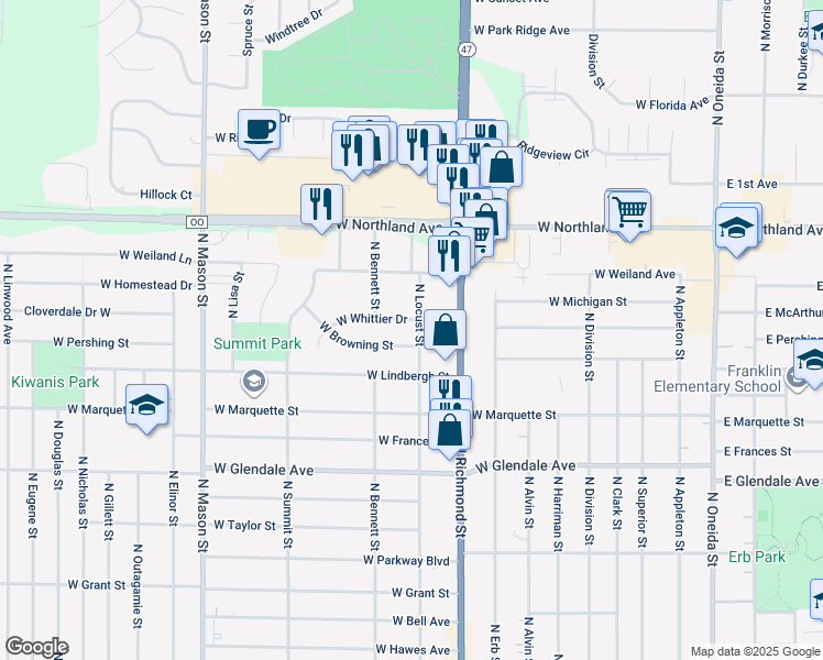 map of restaurants, bars, coffee shops, grocery stores, and more near 2511 North Locust Street in Appleton