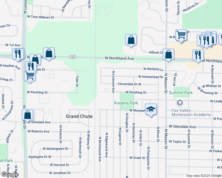 map of restaurants, bars, coffee shops, grocery stores, and more near 1800 West Pershing Street in Appleton