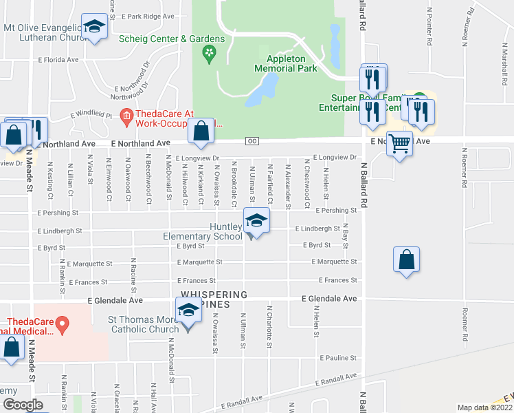 map of restaurants, bars, coffee shops, grocery stores, and more near 1500 East Pershing Street in Appleton