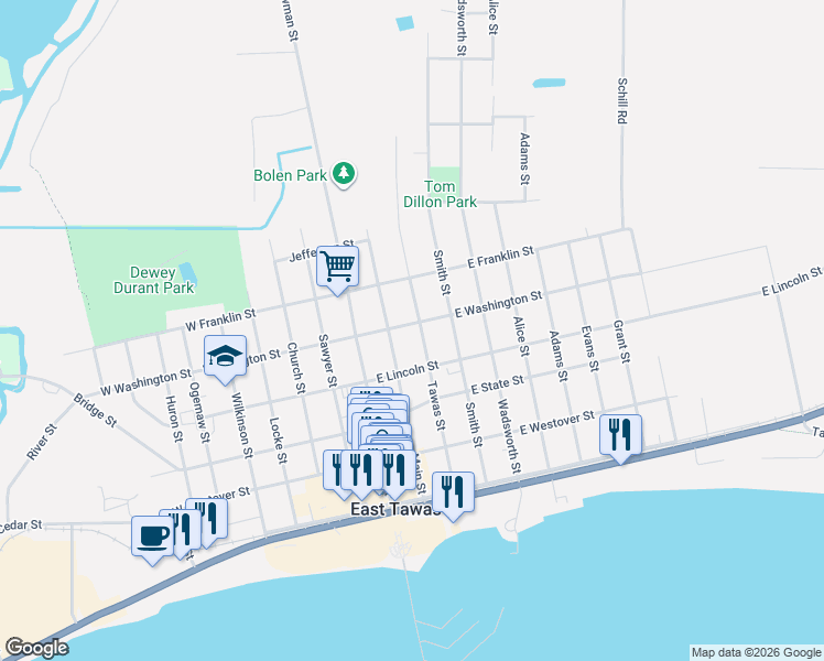 map of restaurants, bars, coffee shops, grocery stores, and more near 502 Main Street in East Tawas
