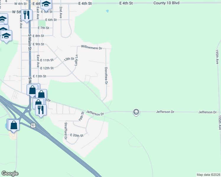map of restaurants, bars, coffee shops, grocery stores, and more near 1415 Dorothea Drive in Zumbrota