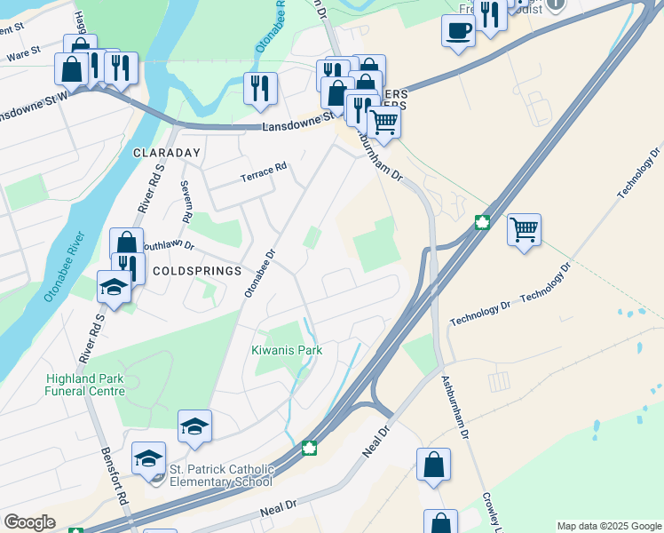 map of restaurants, bars, coffee shops, grocery stores, and more near 446 Abound Crescent in Peterborough