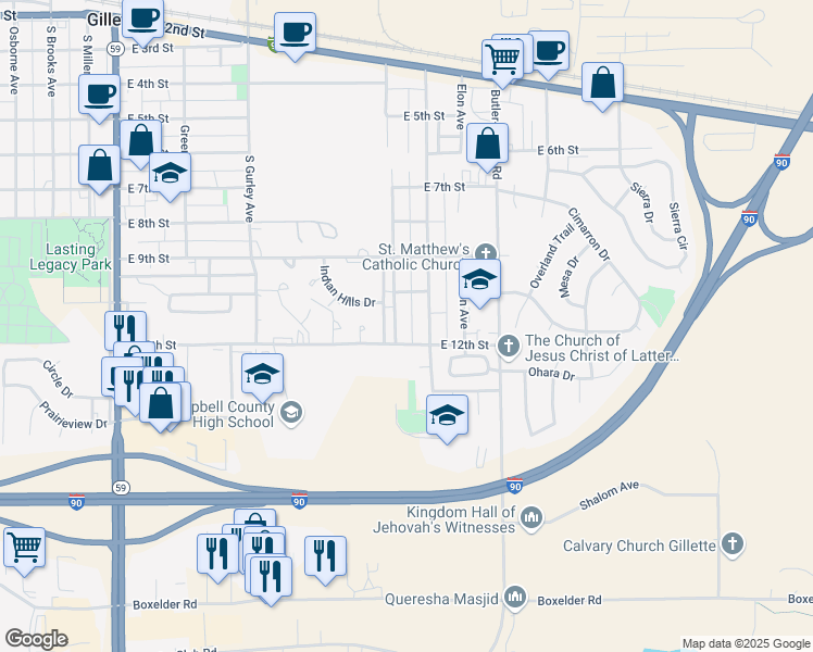 map of restaurants, bars, coffee shops, grocery stores, and more near 1101 Stanley Avenue in Gillette
