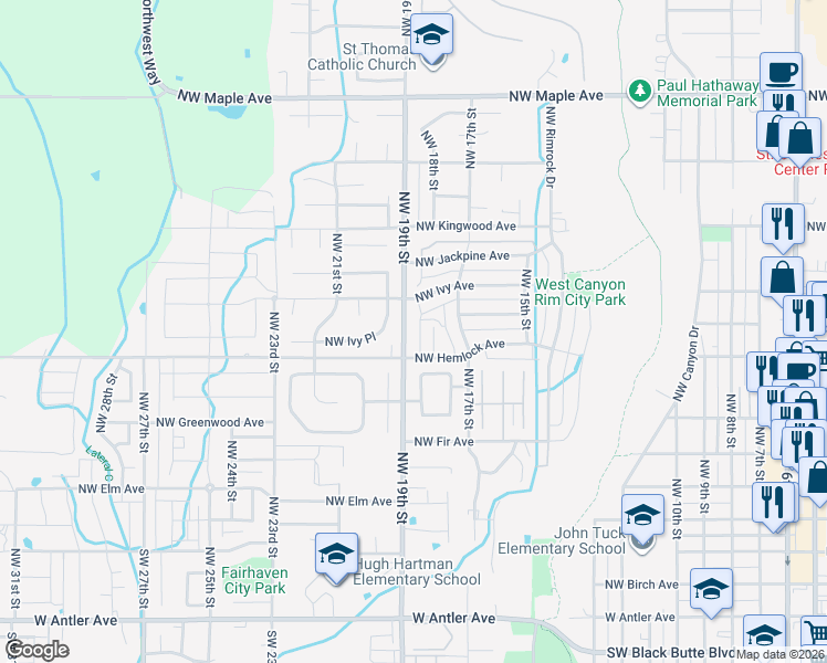 map of restaurants, bars, coffee shops, grocery stores, and more near 1928 Northwest Ivy Place in Redmond