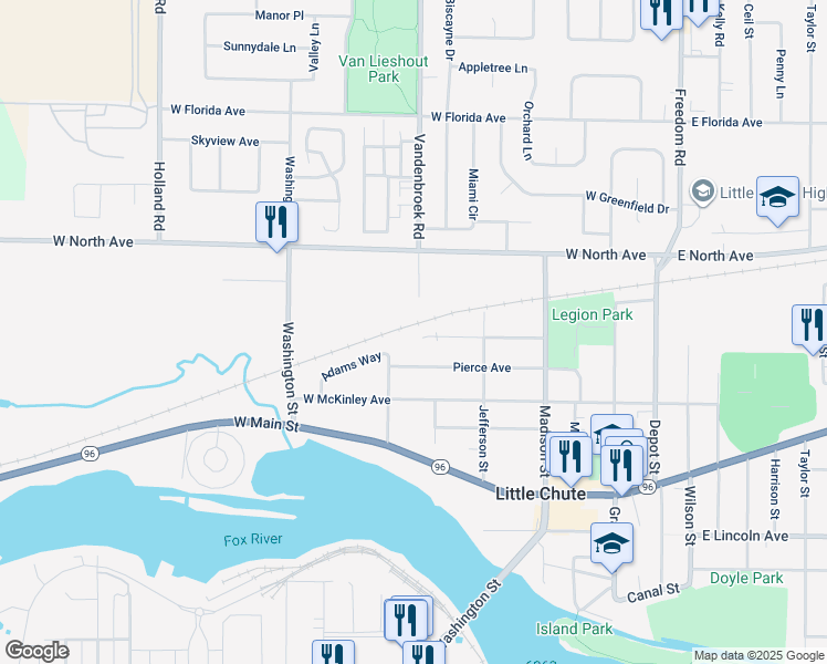 map of restaurants, bars, coffee shops, grocery stores, and more near 602 Johnson Avenue in Little Chute