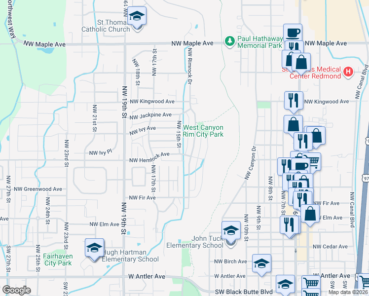 map of restaurants, bars, coffee shops, grocery stores, and more near 856 Northwest 15th Street in Redmond