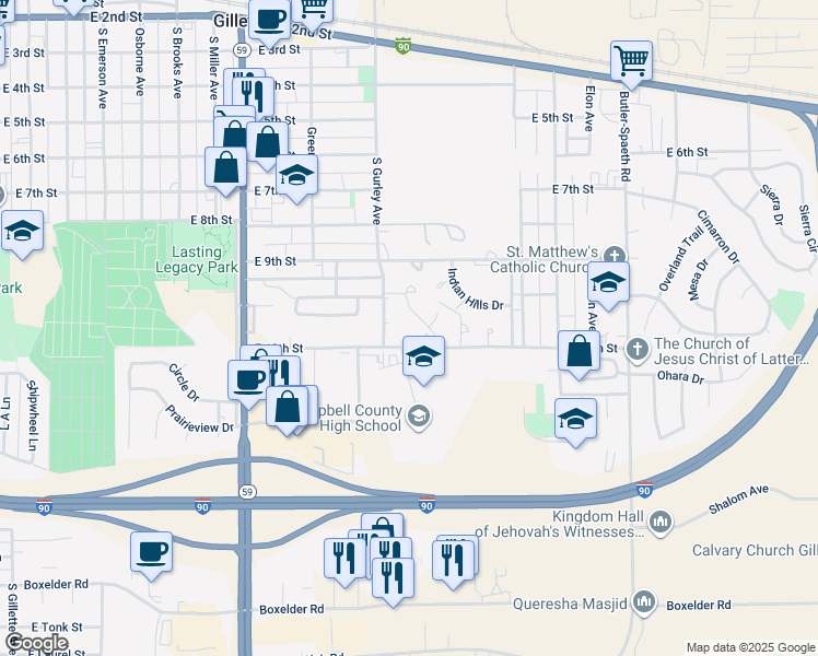 map of restaurants, bars, coffee shops, grocery stores, and more near 1001 East 12th Street in Gillette
