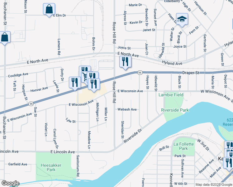 map of restaurants, bars, coffee shops, grocery stores, and more near 2215 East Wisconsin Avenue in Kaukauna