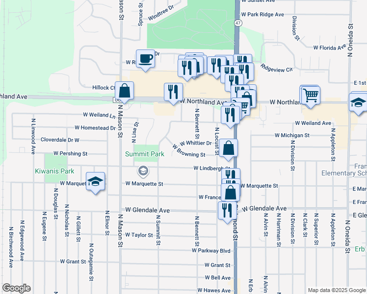 map of restaurants, bars, coffee shops, grocery stores, and more near 935 West Whittier Drive in Appleton