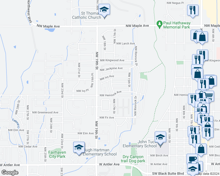 map of restaurants, bars, coffee shops, grocery stores, and more near 861 Northwest 17th Street in Redmond