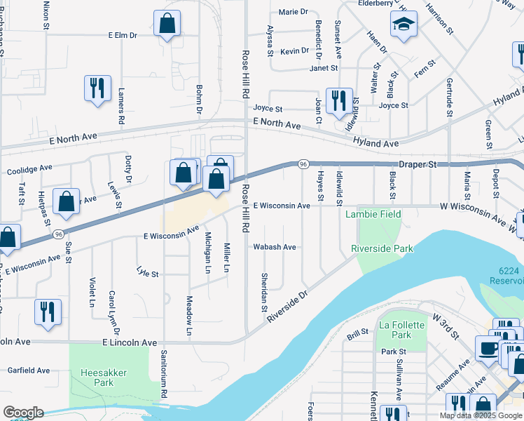 map of restaurants, bars, coffee shops, grocery stores, and more near 2215 East Wisconsin Avenue in Kaukauna