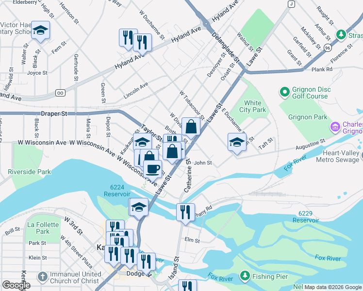 map of restaurants, bars, coffee shops, grocery stores, and more near 509 Lawe Street in Kaukauna