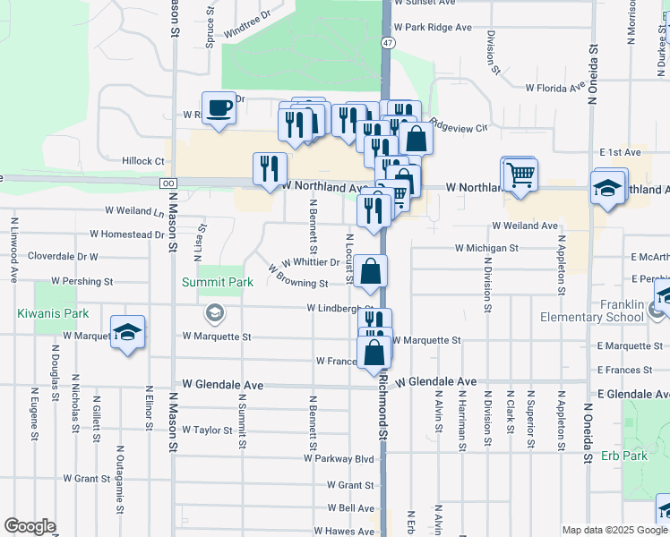 map of restaurants, bars, coffee shops, grocery stores, and more near 2511 North Locust Street in Appleton