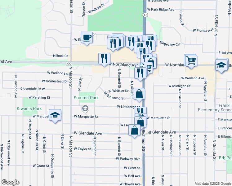 map of restaurants, bars, coffee shops, grocery stores, and more near 833 West Whittier Drive in Appleton