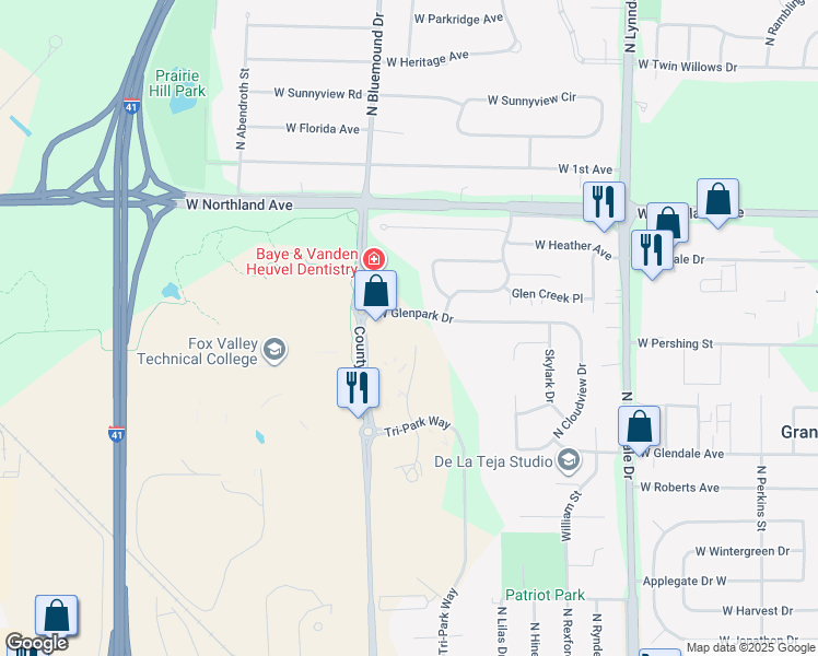 map of restaurants, bars, coffee shops, grocery stores, and more near 3109-3225 West Glenpark Drive in Appleton