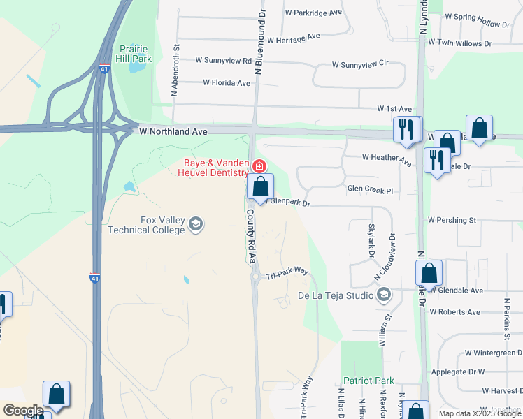 map of restaurants, bars, coffee shops, grocery stores, and more near 3225 West Glenpark Drive in Appleton