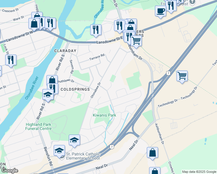 map of restaurants, bars, coffee shops, grocery stores, and more near 5 Sabatino Court in Peterborough