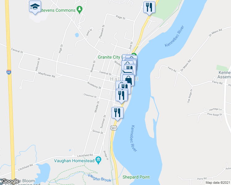 map of restaurants, bars, coffee shops, grocery stores, and more near 127 2nd Street in Hallowell