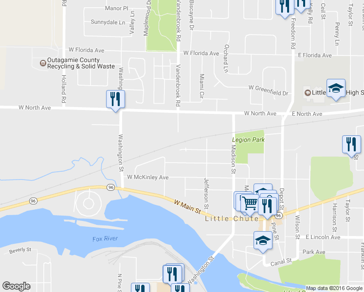 map of restaurants, bars, coffee shops, grocery stores, and more near 602 Johnson Avenue in Little Chute