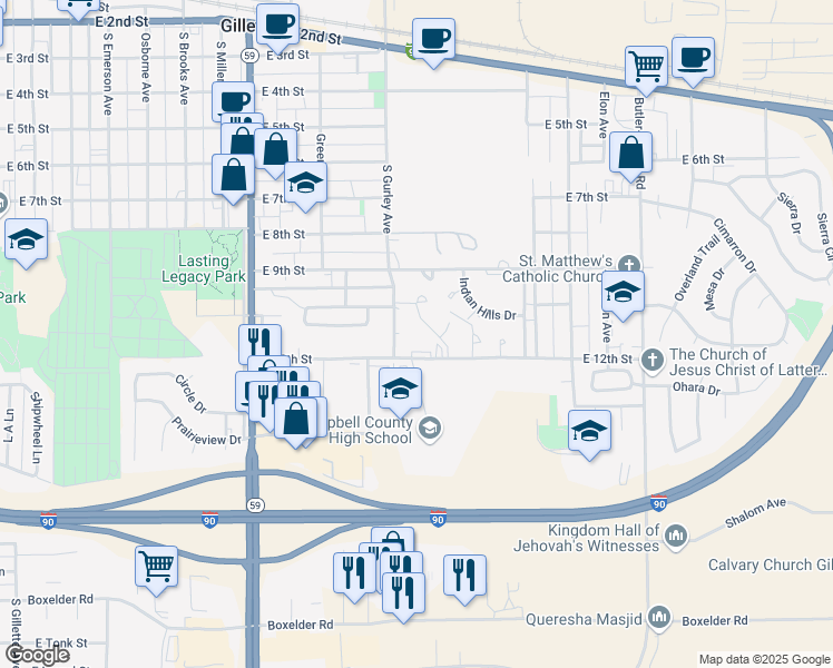 map of restaurants, bars, coffee shops, grocery stores, and more near 1001 East 12th Street in Gillette