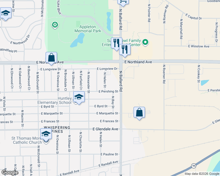 map of restaurants, bars, coffee shops, grocery stores, and more near 1830 East Pershing Street in Appleton