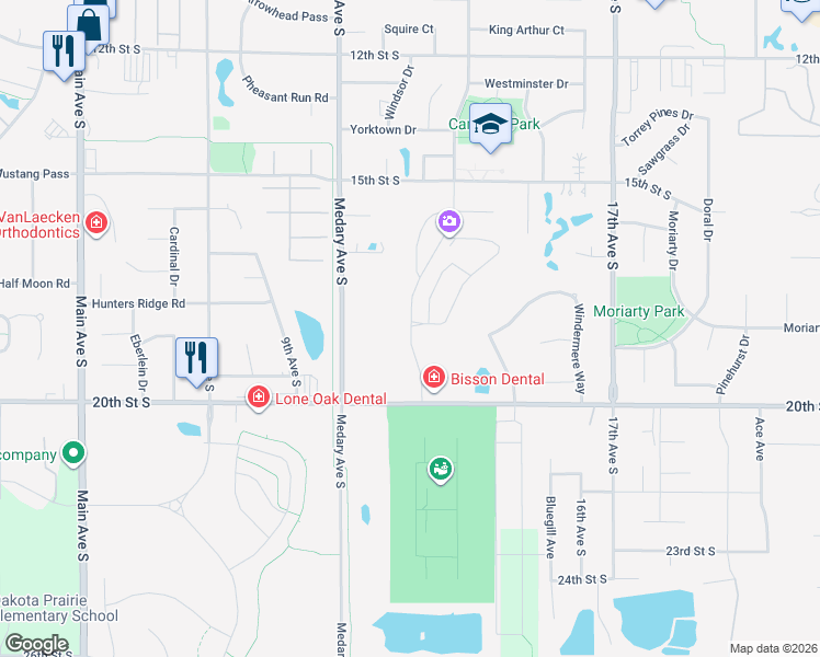 map of restaurants, bars, coffee shops, grocery stores, and more near 2013 20th Street South in Brookings