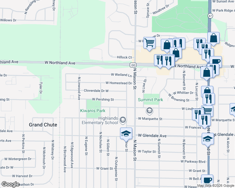 map of restaurants, bars, coffee shops, grocery stores, and more near 1341 Cloverdale Drive West in Appleton