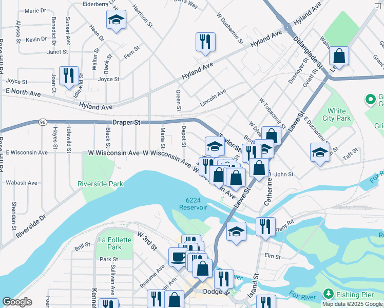 map of restaurants, bars, coffee shops, grocery stores, and more near 313 Doty Street in Kaukauna