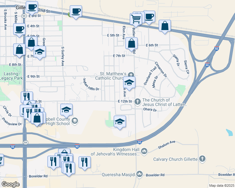 map of restaurants, bars, coffee shops, grocery stores, and more near 1025 Church Avenue in Gillette