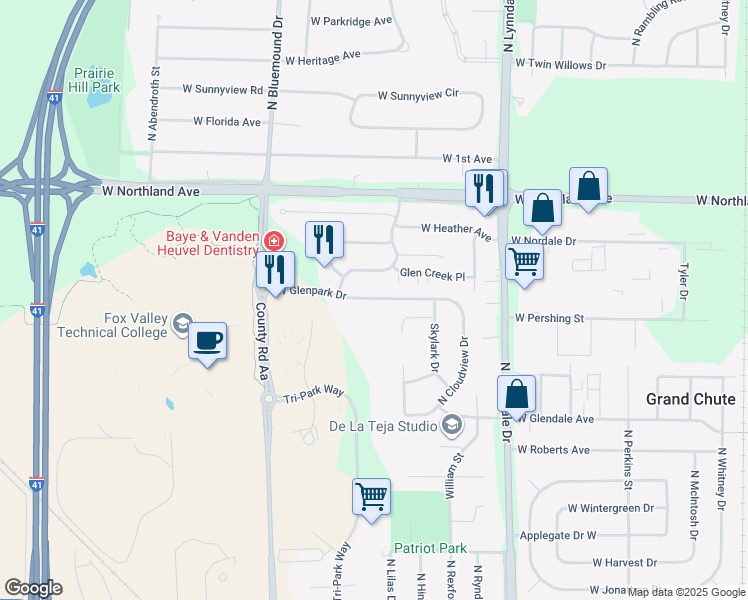 map of restaurants, bars, coffee shops, grocery stores, and more near 2909 West Glenpark Drive in Appleton