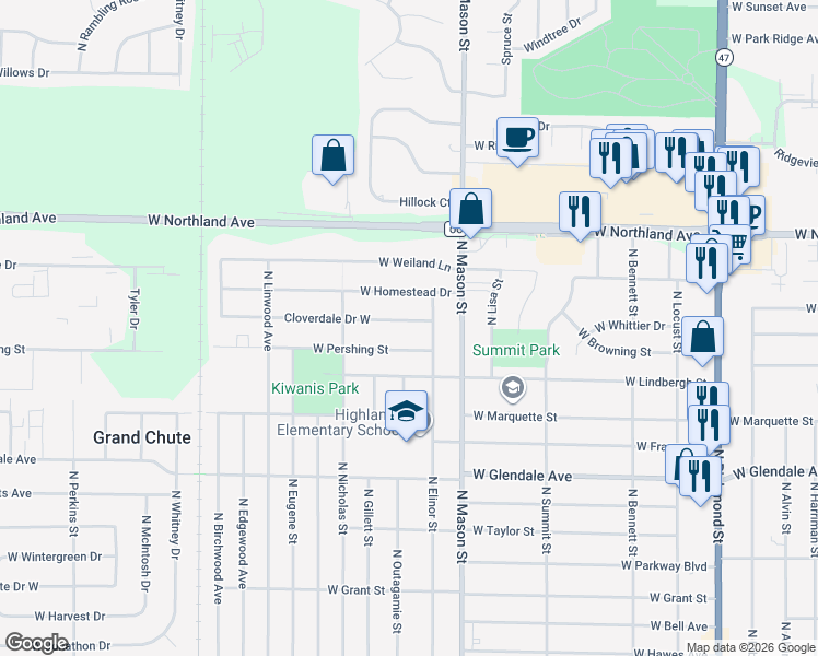 map of restaurants, bars, coffee shops, grocery stores, and more near 1341 Cloverdale Drive West in Appleton