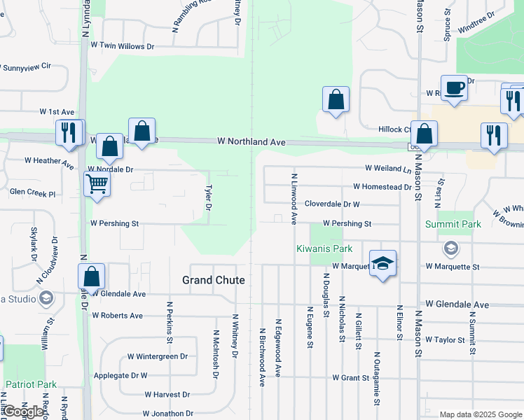 map of restaurants, bars, coffee shops, grocery stores, and more near 1841 Cloverdale Drive West in Appleton
