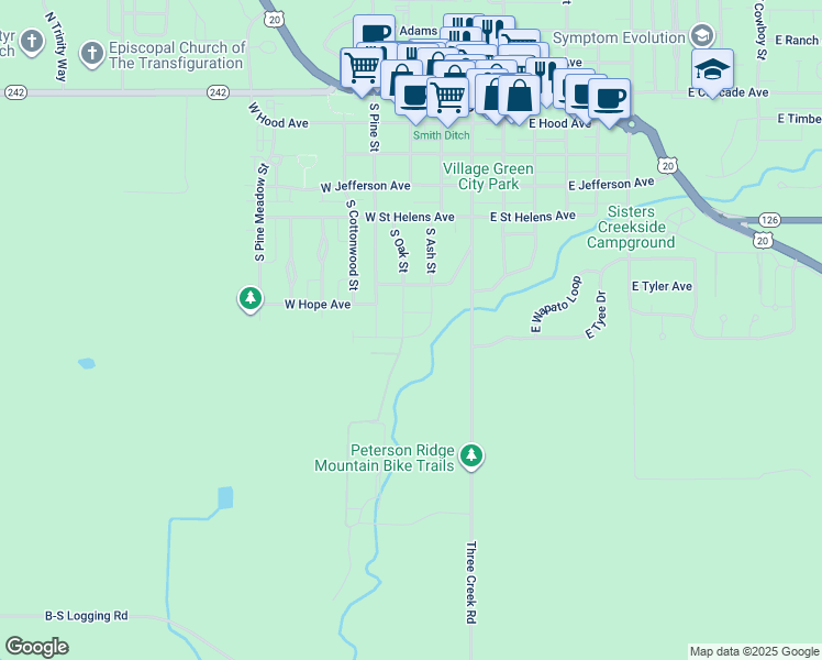 map of restaurants, bars, coffee shops, grocery stores, and more near 266 West Sisters View Drive in Sisters