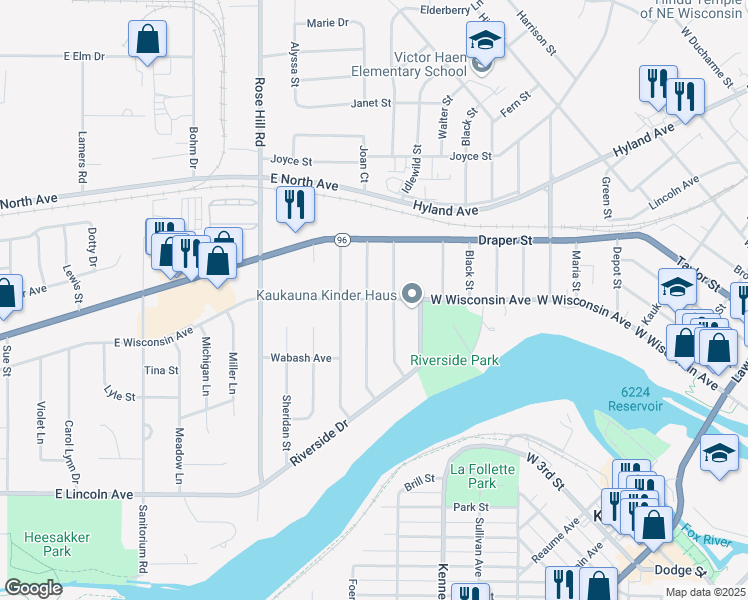 map of restaurants, bars, coffee shops, grocery stores, and more near East Wisconsin Avenue in Kaukauna