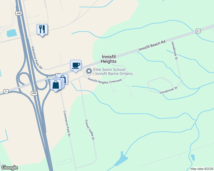 map of restaurants, bars, coffee shops, grocery stores, and more near 1983 Innisfil Heights Crescent in Innisfil
