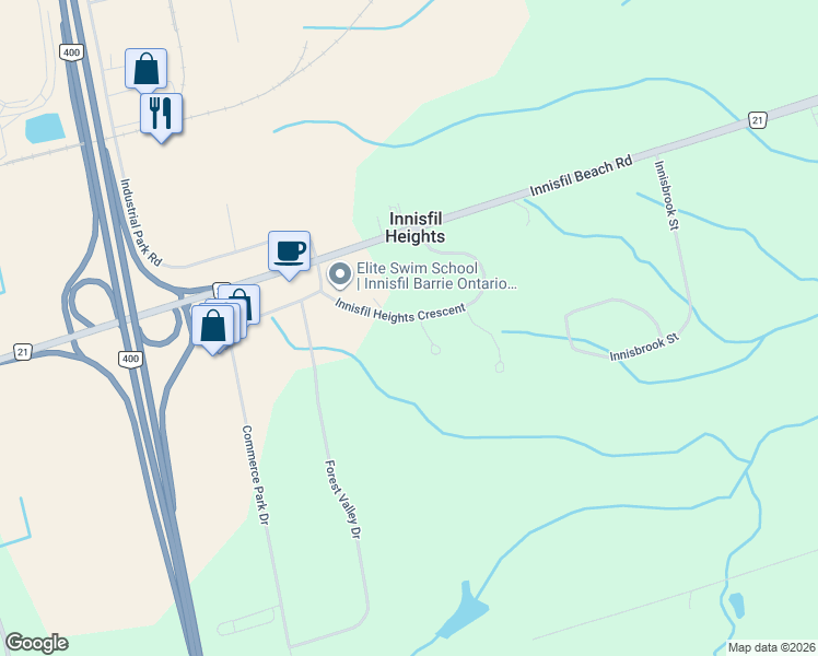 map of restaurants, bars, coffee shops, grocery stores, and more near 1983 Innisfil Heights Crescent in Innisfil