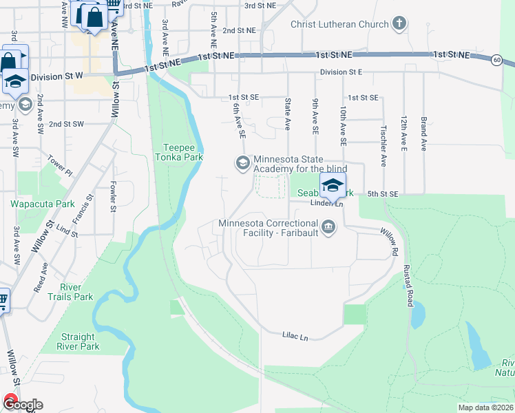 map of restaurants, bars, coffee shops, grocery stores, and more near 1101 Linden Lane in Faribault