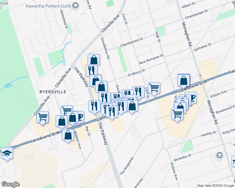 map of restaurants, bars, coffee shops, grocery stores, and more near 33 Goodfellow Road in Peterborough