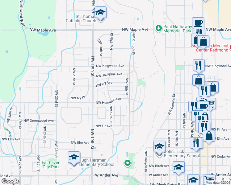 map of restaurants, bars, coffee shops, grocery stores, and more near 846 Northwest 17th Street in Redmond