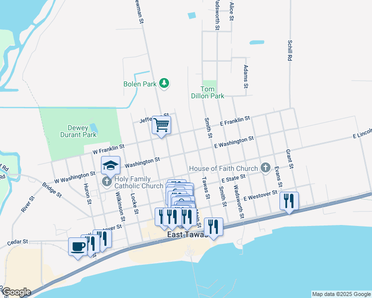 map of restaurants, bars, coffee shops, grocery stores, and more near 502 Main Street in East Tawas