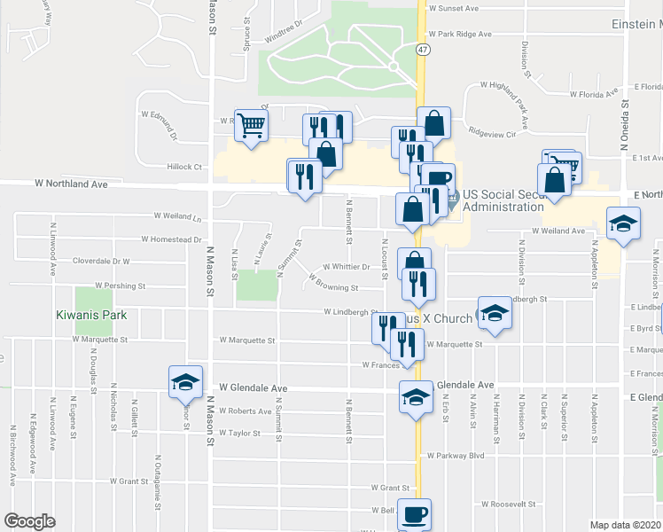 map of restaurants, bars, coffee shops, grocery stores, and more near 918 West Whittier Drive in Appleton