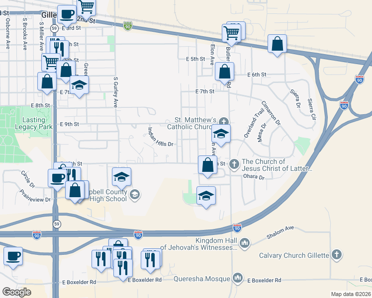 map of restaurants, bars, coffee shops, grocery stores, and more near 1101 Stanley Avenue in Gillette