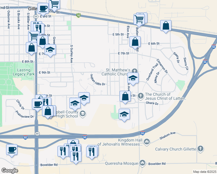 map of restaurants, bars, coffee shops, grocery stores, and more near 1101 Stanley Avenue in Gillette