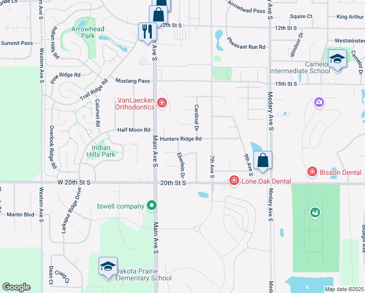 map of restaurants, bars, coffee shops, grocery stores, and more near 1803 Oriole Trail in Brookings