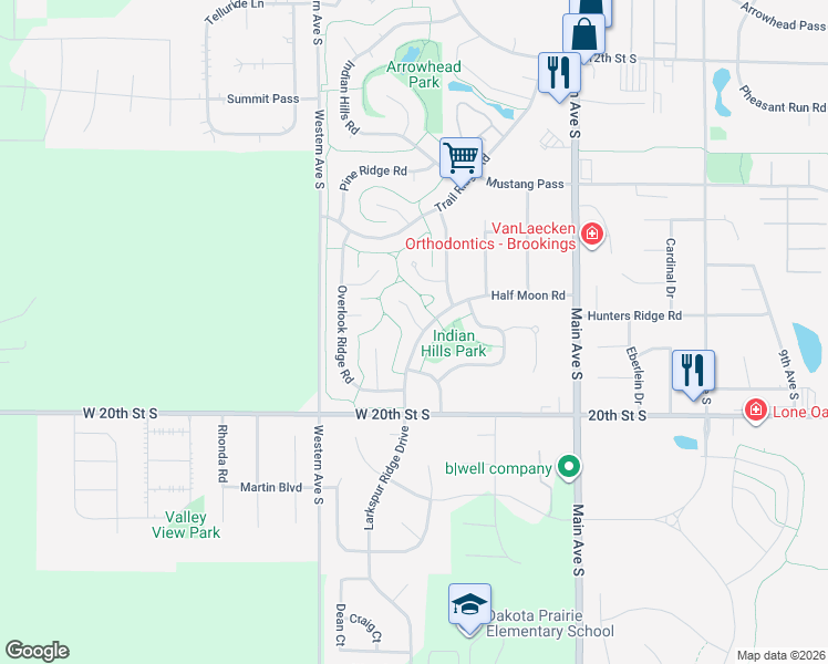 map of restaurants, bars, coffee shops, grocery stores, and more near Indian Hills Trail in Brookings