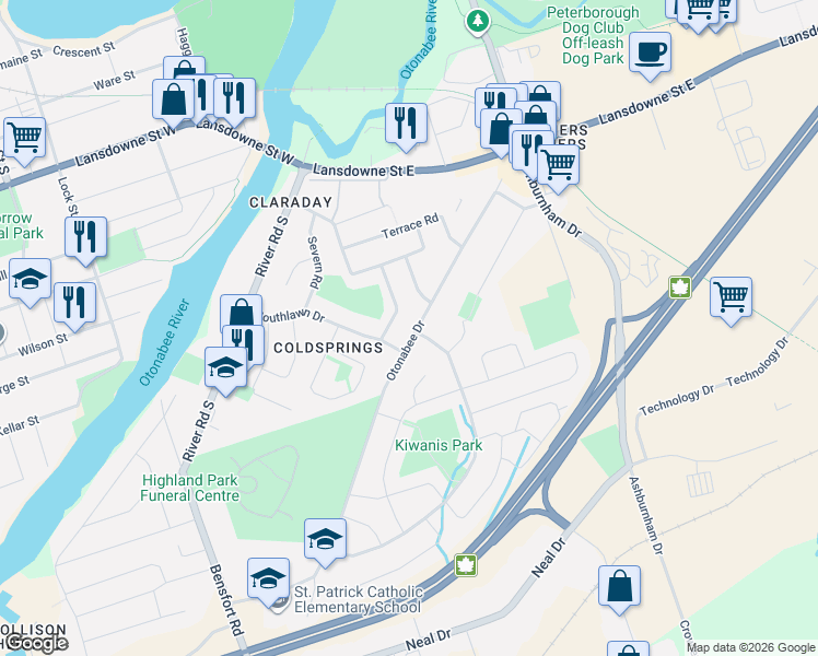 map of restaurants, bars, coffee shops, grocery stores, and more near 591 Otonabee Drive in Peterborough