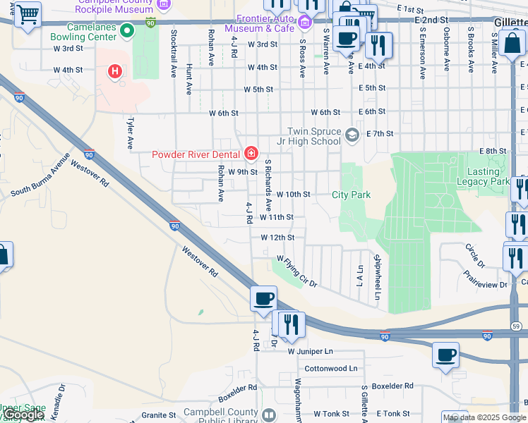 map of restaurants, bars, coffee shops, grocery stores, and more near 461-499 West 11th Street in Gillette