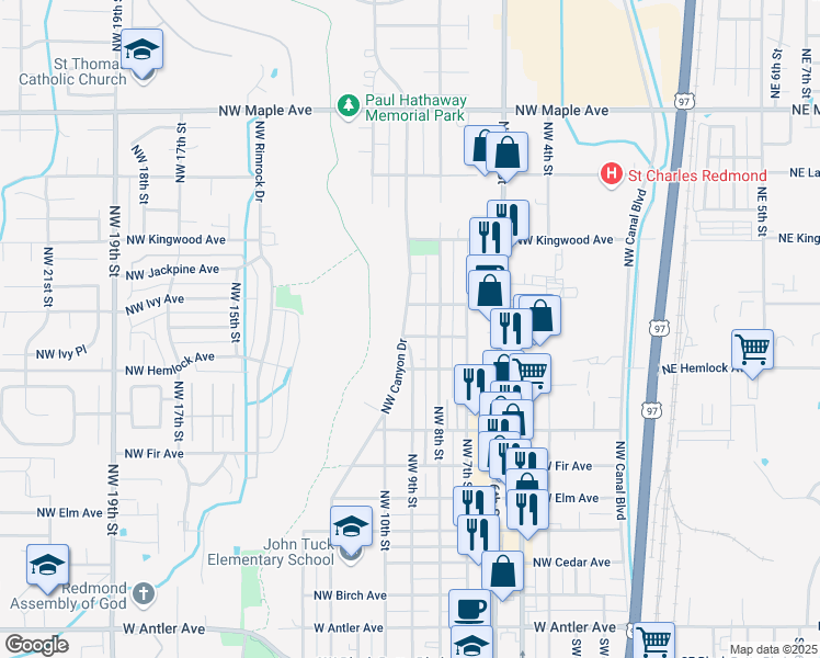 map of restaurants, bars, coffee shops, grocery stores, and more near 912 Northwest Canyon Drive in Redmond