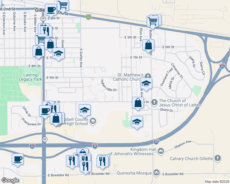 map of restaurants, bars, coffee shops, grocery stores, and more near 1106 Terrace Circle in Gillette