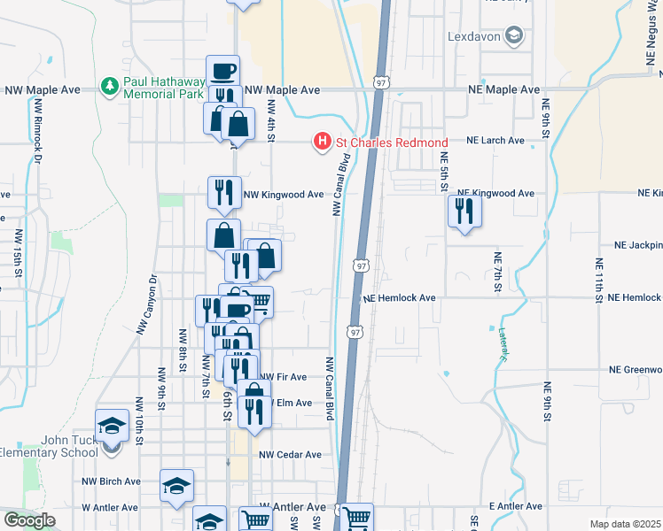 map of restaurants, bars, coffee shops, grocery stores, and more near 851 Northwest Canal Boulevard in Redmond